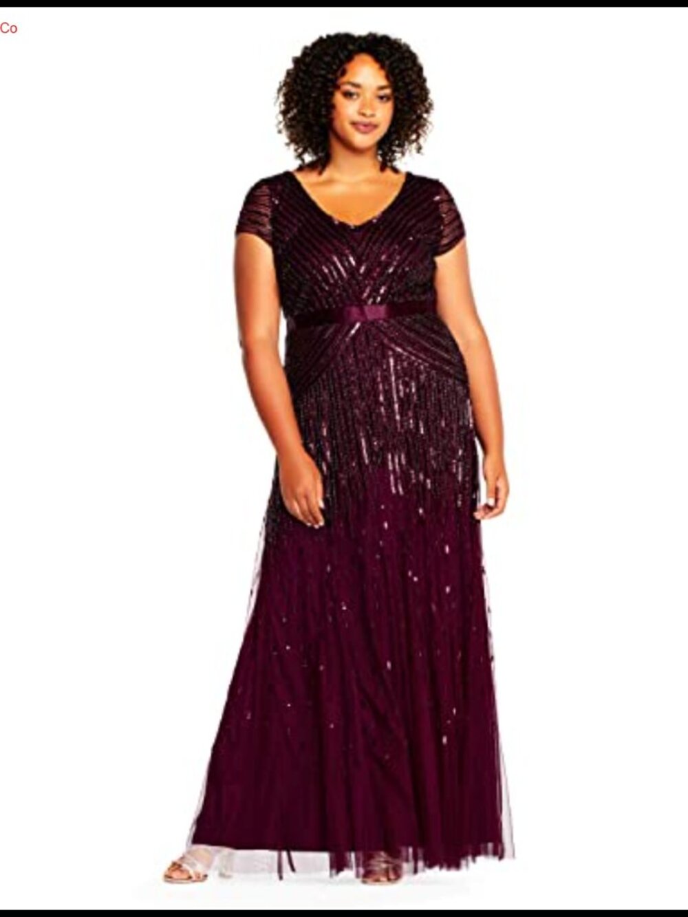 Plus Size Beaded Cap Sleeve V-Neck Floor Length Dress Evening Gown Wedding Guest